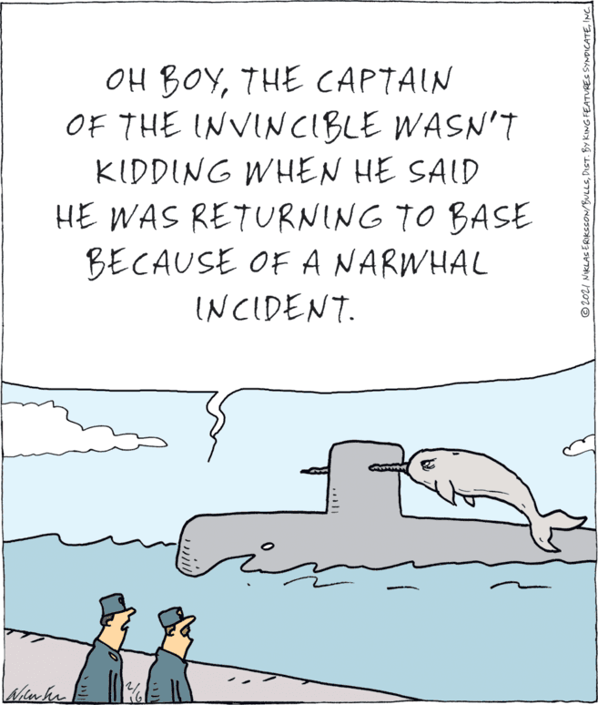 Line OCR: OH BOYTHE CAPTAIN OF THE INVINCIBLE WASN'T KIDDING WHEN HE SAID HE WAS RETURNING TO BASE BECAUSE OF A NARWHAL INCIDENT. 12/ © 2021 NIKLASERIKSSON/BULLSINC OH BOYTHE CAPTAIN OF THE INVINCIBLE WASN'T KIDDING WHEN HE SAID HE WAS RETURNING TO BASE BECAUSE OF A NARWHAL INCIDENT. 12/ © 2021 NIKLASERIKSSON/BULLSDIST. BY KING FEATURES SYNDICATE