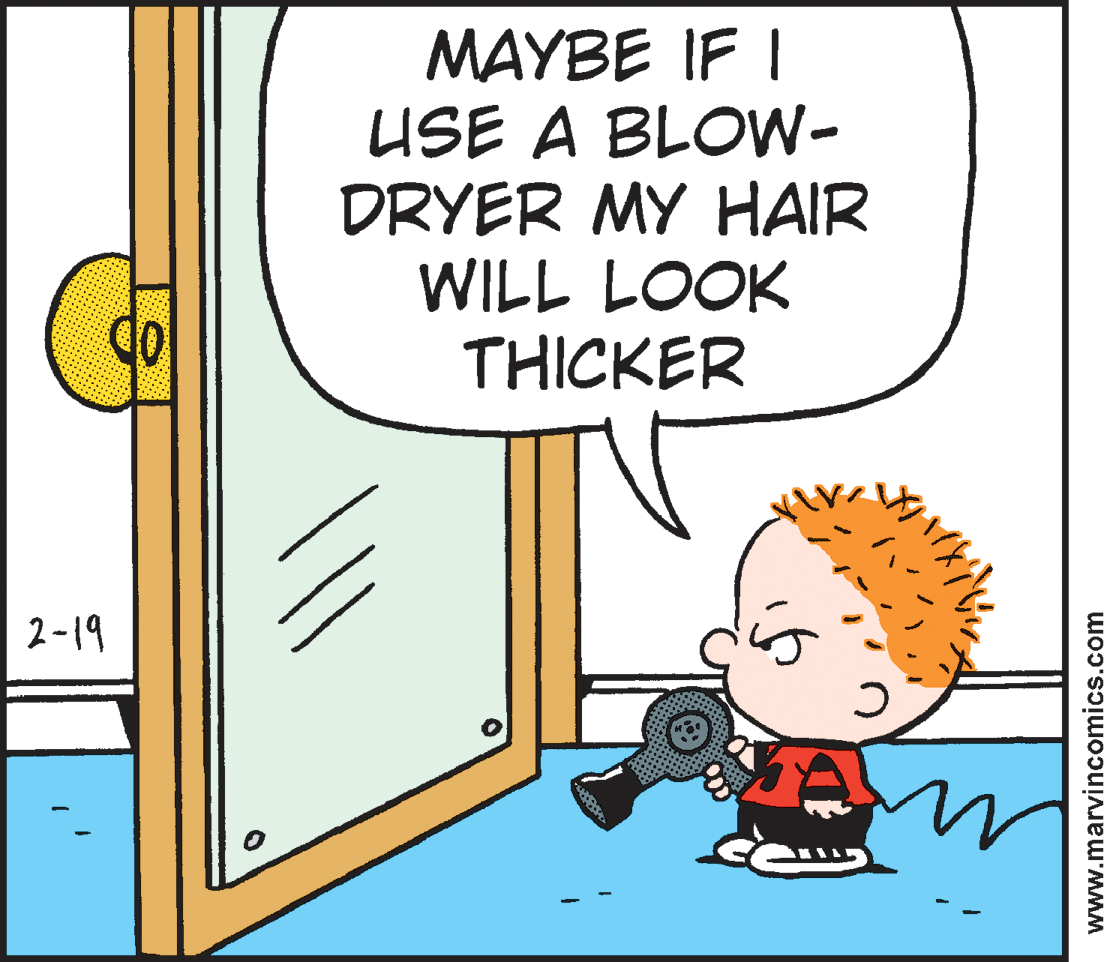 Line OCR: MAYBE IF I USE A BLOW- DRYER MY HAIR WILL LOOK THICKER 2-19 www.marvincomics.com MAYBE IF I USE A BLOW- DRYER MY HAIR WILL LOOK THICKER 2-19 www.marvincomics.com
