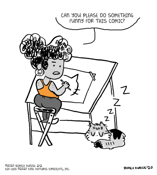 Rectangle OCR: CAN YOU PLEASE DO SOMETHING FunNY FOR THIS COMIC? U.U 02020 BIANCA XUNISE 2/2 SIX CHIX O2020 KING FEATUMRES SYNDICATEINC. BIAIKA XUNISE 20 CAN YOU PLEASE DO SOMETHING FunNY FOR THIS COMIC? U.U 02020 BIANCA XUNISE 2/2 SIX CHIX O2020 KING FEATUMRES SYNDICATEINC. BIAIKA XUNISE 20