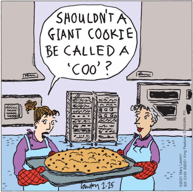 Humour OCR: SHOULDN'TA GIANT COOKIE BE CALLED A Tauton 2-25 ©2021 Mary Lawton SIX CHIX ©2021 King Features SyndicateInc. SHOULDN'TA GIANT COOKIE BE CALLED A Tauton 2-25 ©2021 Mary Lawton SIX CHIX ©2021 King Features Syndicate