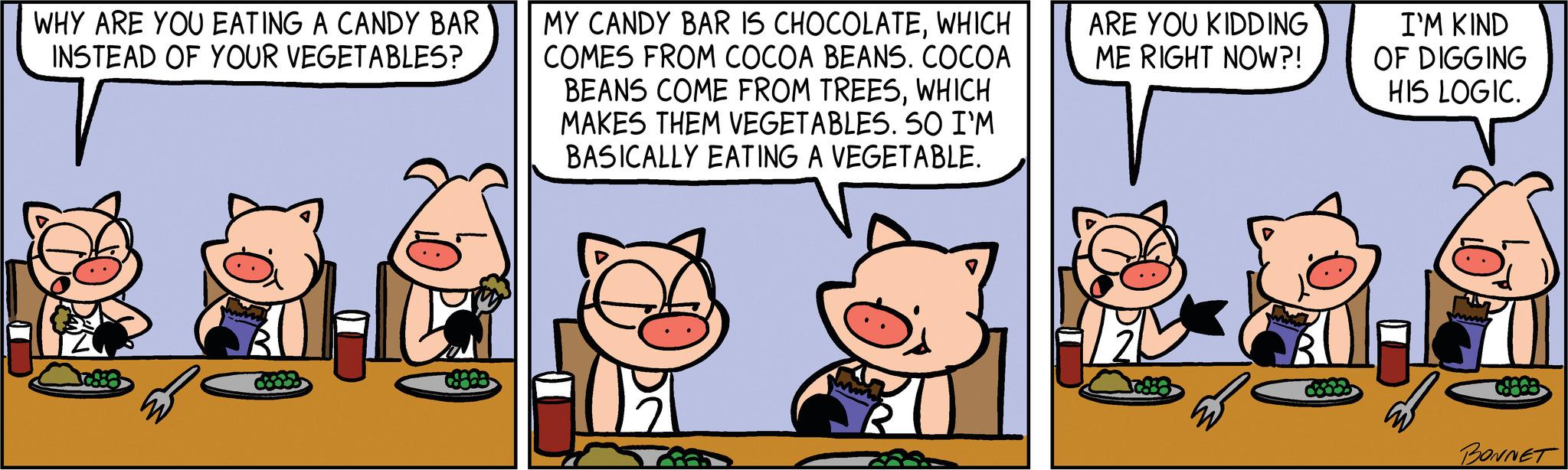 Sharing OCR: WHY ARE YOU EATING A CANDY BAR INSTEAD OF YOUR VEGETABLES? ARE YOU KIDDING ME RIGHT NOW?! I'M KIND OF DIGGING HIS LOGIC. MY CANDY BAR IS CHOCOLATEWHICH COMES FROM COCOA BEANS. COCOA BEANS COME FROM TREESWHICH MAKES THEM VEGETABLES. SO I'M BASICALLY EATING A VEGETABLE. AAGE SER BONNET WHY ARE YOU EATING A CANDY BAR INSTEAD OF YOUR VEGETABLES ? ARE YOU KIDDING ME RIGHT NOW ?! I'M KIND OF DIGGING HIS LOGIC . MY CANDY BAR IS CHOCOLATEWHICH COMES FROM COCOA BEANS . COCOA BEANS COME FROM TREESWHICH MAKES THEM VEGETABLES . SO I'M BASICALLY EATING A VEGETABLE . AAGE SER BONNET