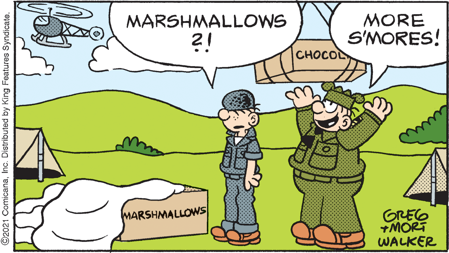Line OCR: MORE S'MORES! MARSHMALLOWS ?! CHOCOL GREG +MORT WALKER MARSHMALLOWS ©2021 ComicanaInc. Distributed by King Features Syndicate. MORE S'MORES! MARSHMALLOWS ?! CHOCOL GREG +MORT WALKER MARSHMALLOWS ©2021 ComicanaInc. Distributed by King Features Syndicate.