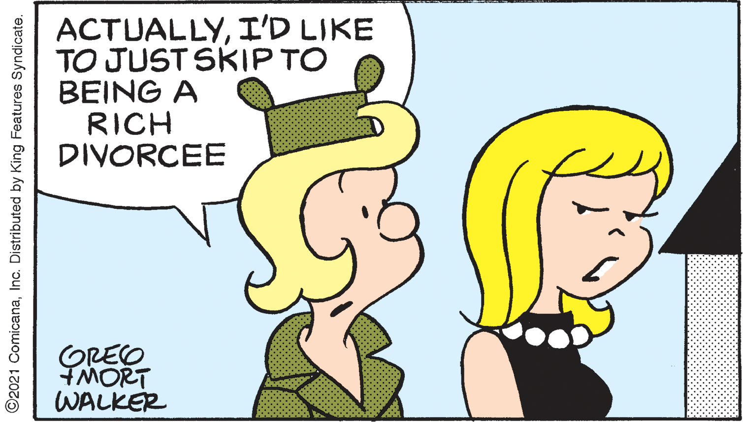 Product OCR: ACTUALLYI'D LIKE TO JUST SKIP TO BEING A RICH DIVORCEE OREO IMORT WALKER O2021 ComicanaInc. Distributed by King Features Syndicate. ACTUALLYI'D LIKE TO JUST SKIP TO BEING A RICH DIVORCEE OREO IMORT WALKER O2021 ComicanaInc. Distributed by King Features Syndicate.