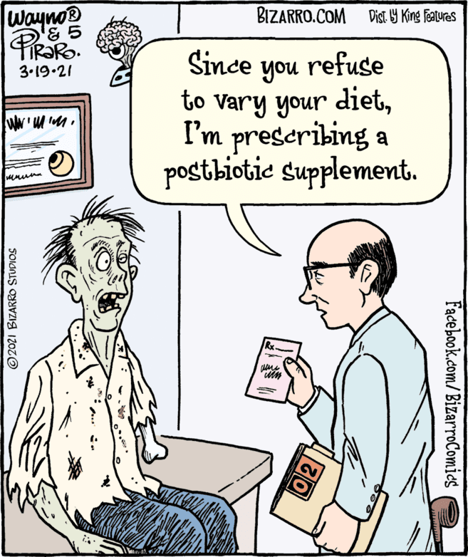 Human body OCR: Wayno® BIZARRO.COM Dist Y King features FIR?RO. Since you refuse 3.19.21 to Vary your I'm preseribing a postbiotic supplement. diet©2021 BIZARRO STUDIOS 02 Facebook.com/ BizarroComies Wayno® BIZARRO.COM Dist Y King features FIR?RO. Since you refuse 3.19.21 to Vary your I'm preseribing a postbiotic supplement. diet©2021 BIZARRO STUDIOS 02 Facebook.com/ BizarroComies