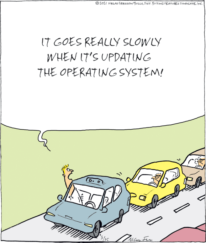 Rectangle OCR: © 2021 NIKLAS ERIKSSON/BULLSING. IT GOES REALLY SLOWLY WHEN IT'S UPDATING THE OPERATING SYSTEM! © 2021 NIKLAS ERIKSSON/BULLSDIST. BY KING FEATURES SYNDICATEING. IT GOES REALLY SLOWLY WHEN IT'S UPDATING THE OPERATING SYSTEM!