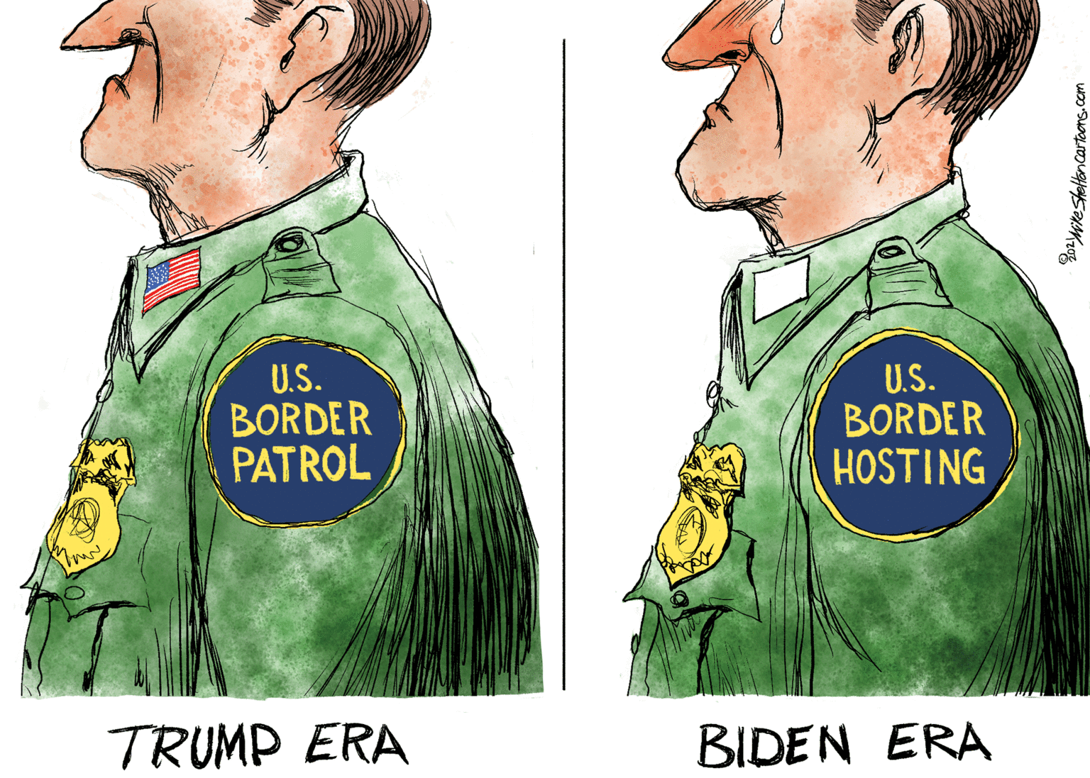People in nature OCR: U.S. BORDER PATROL U.S. BORDER HOSTING TRUMP ERA BIDEN ERA re stolten cartaons.cam U.S. BORDER PATROL U.S. BORDER HOSTING TRUMP ERA BIDEN ERA re stolten cartaons.cam