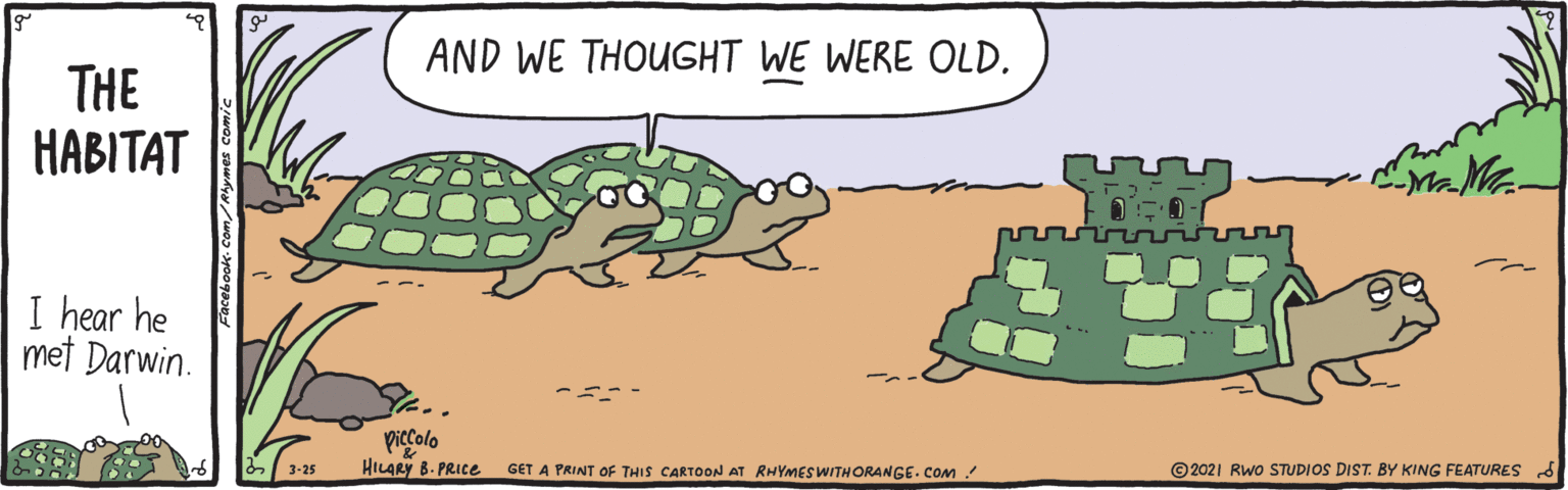Slope OCR: AND WE THOUGHT WE WERE OLD. THE HABITAT I hear he met Darwin. piccolo HILARY B. PRICE GET A PRINT OF THIS CARTOON AT RHYMESWITHORANGE. COM © 2021 RWo STUDIOS DIST. BY KING FEATURES d 3-25 AND WE THOUGHT WE WERE OLD. THE HABITAT I hear he met Darwin. piccolo HILARY B. PRICE GET A PRINT OF THIS CARTOON AT RHYMESWITHORANGE. COM © 2021 RWo STUDIOS DIST. BY KING FEATURES d 3-25
