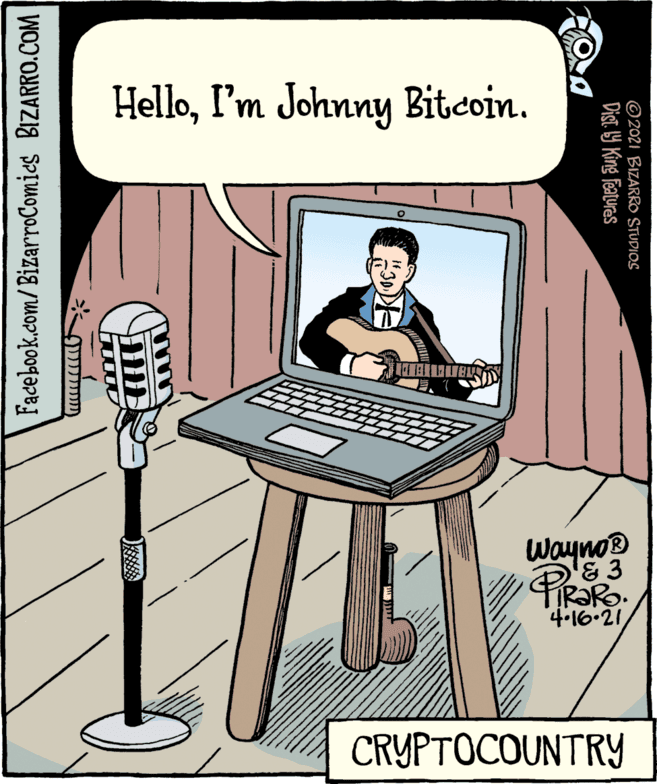 Rectangle OCR: Hellol'm Johnny Bitcoin. Wayno® '& 3 R?RO. 4-16-21 CRYPTOCOUNTRY © 2021 BIZARRO STUDIOS Dist. 19 King Features Facebook.com/BizarroComics BIZARRO.COM Hellol'm Johnny Bitcoin. Wayno® '& 3 R?RO. 4-16-21 CRYPTOCOUNTRY © 2021 BIZARRO STUDIOS Dist. 19 King Features Facebook.com/BizarroComics BIZARRO.COM