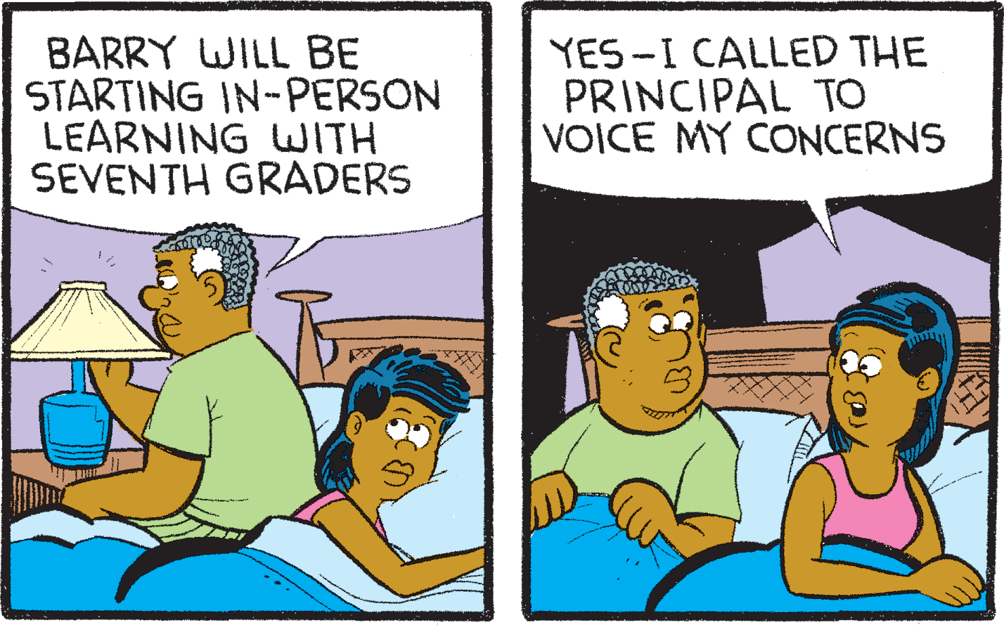 Fictional character OCR: BARRY WILL BE STARTING IN-PERSON LEARNING WITH SEVENTH GRADERS YES -I CALLED THE PRINCIPAL TO VOICE MY CONCERNS BARRY WILL BE STARTING IN-PERSON LEARNING WITH SEVENTH GRADERS YES -I CALLED THE PRINCIPAL TO VOICE MY CONCERNS