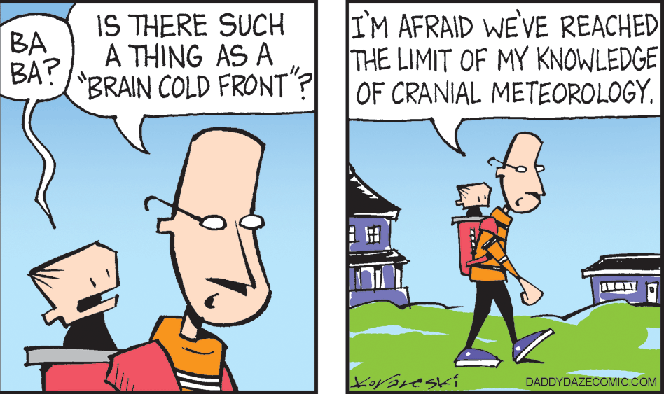 Mode of transport OCR: IS THERE SUCH BA A THING AS A BA? BRAIN COLD FRONT"? I'M AFRAID WE'VE REACHED THE LIMIT OF MY KNOWLEDGE OF CRANIAL METEOROLOGY. DADDYDAZECOMIC.COM IS THERE SUCH BA A THING AS A BA? BRAIN COLD FRONT"? I'M AFRAID WE'VE REACHED THE LIMIT OF MY KNOWLEDGE OF CRANIAL METEOROLOGY. DADDYDAZECOMIC.COM