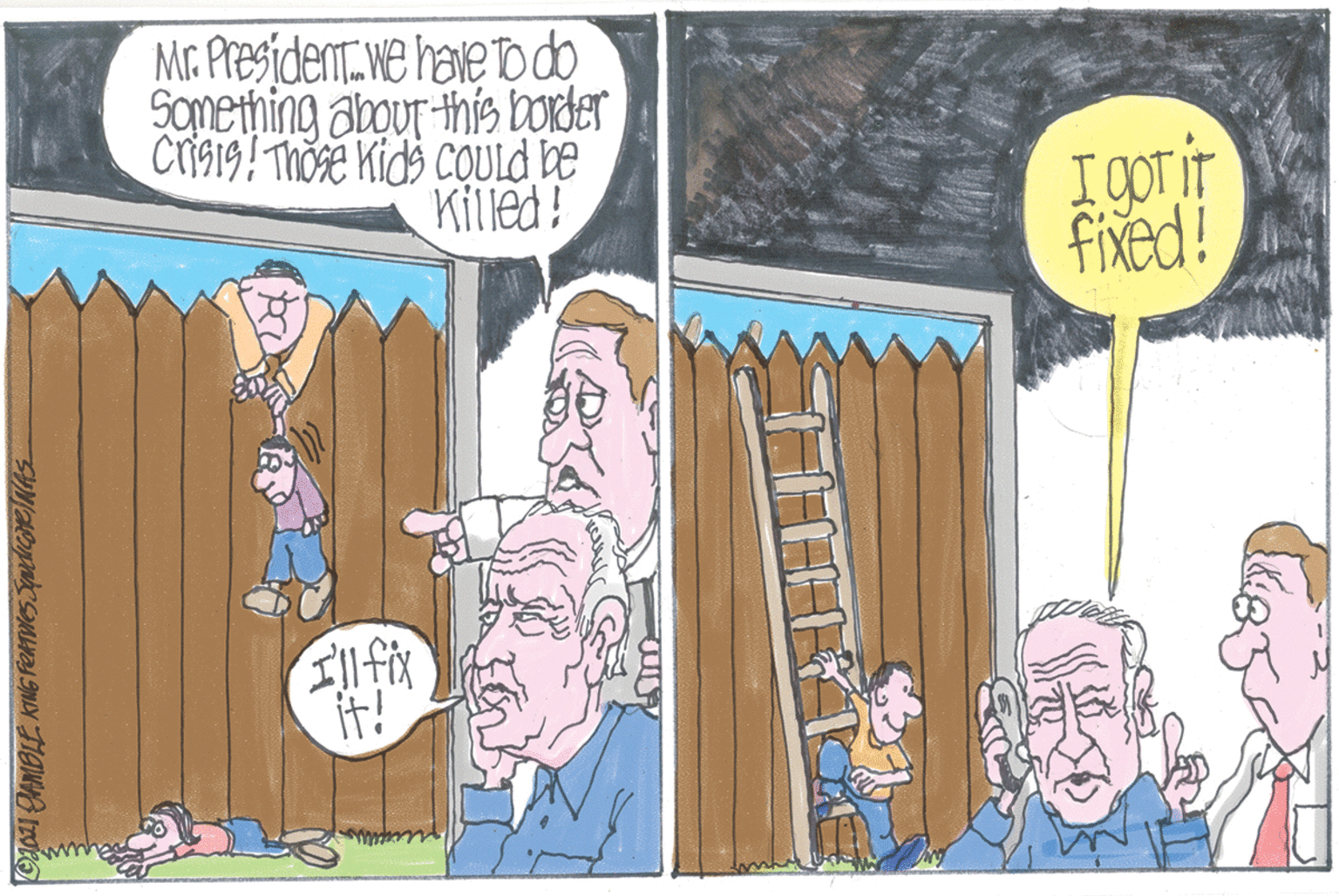 Comics OCR: Mr Presiden:we hale Todo Sonething abour this border Crisi19! Thoe Kids COULD be Killed! I COT IT fixed! it! Mr Presiden:we hale Todo Sonething abour this border Crisi19! Thoe Kids COULD be Killed! I COT IT fixed! it!