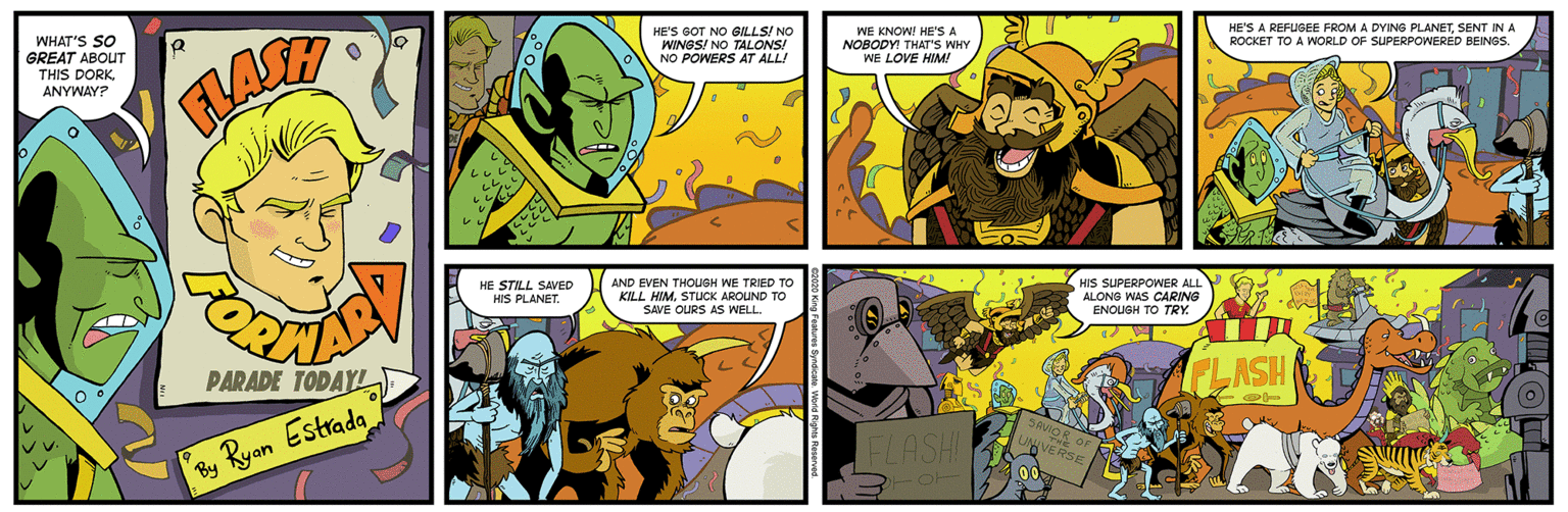 Comics OCR: WHAT'S SO GREAT ABOUT HE'S GOT NO GILLSI NO WINGS! NO TALONS! NO POWERS AT ALL! WE KNOW! HE'S A NOBODY! THAT'S WHY WE LOVE HIM! HE'S A REFUGEE FROM A DYING PLANETSENT IN A ROCKET TO A WORLD OF SUPERPOWERED BEINGS. THIS DORKANYWAY? WHAT'S SO GREAT ABOUT HE'S GOT NO GILLSI NO WINGS! NO TALONS! NO POWERS AT ALL! WE KNOW! HE'S A NOBODY! THAT'S WHY WE LOVE HIM! HE'S A REFUGEE FROM A DYING PLANETSENT IN A ROCKET TO A WORLD OF SUPERPOWERED BEINGS. THIS DORK