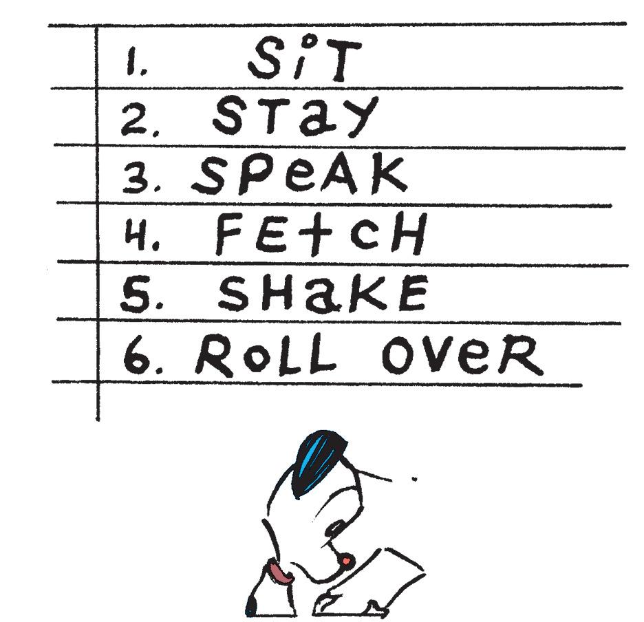 Illustration OCR: SIT 2. STAY 3. SPEAK ?. FEt CH 5. SHAKE 6. ROLL OveR 1. SIT 2. STAY 3. SPEAK ?. FEt CH 5. SHAKE 6. ROLL OveR 1.