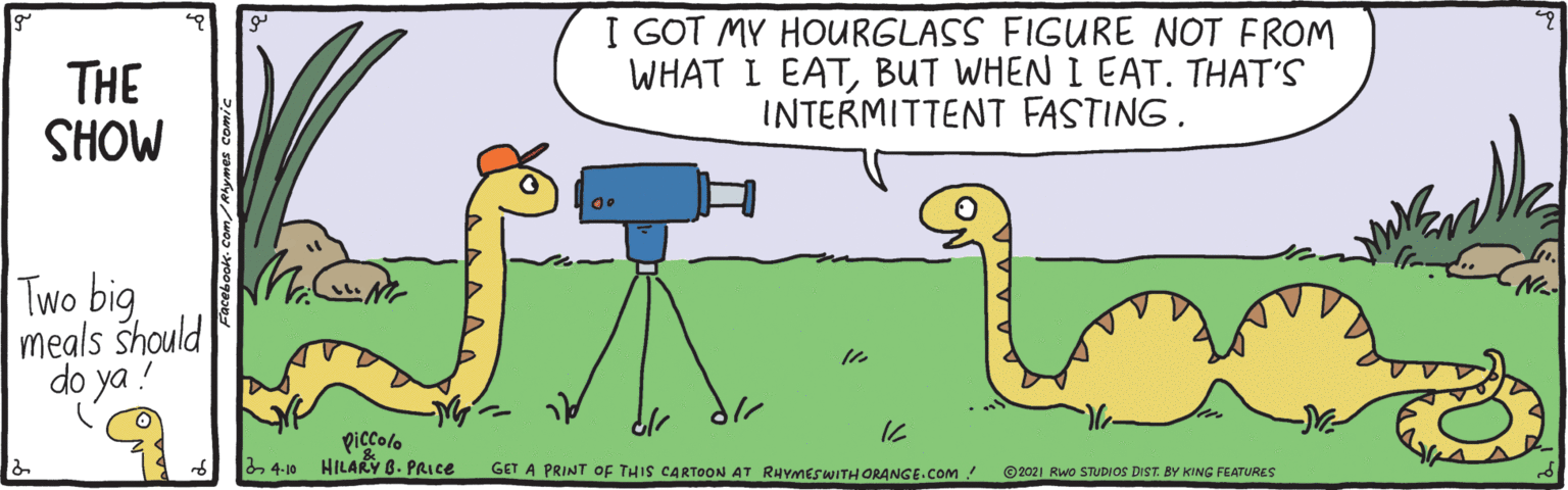 Mammal OCR: THE SHOW I GOT MY HOURGLASS FIGURE NOT FROM WHAT I EATBUT WHEN I EAT. THAT'S INTERMITTENT FASTING. Two big meals should do ya piccolo 34-10 HILARY 8. PRICE GET A PRINT oF THIS CARTOON AT RHYMESWITH ORANGE.COM ! © 2021 Rwo STUDIOS DIST. BY KING FEATURES THE SHOW I GOT MY HOURGLASS FIGURE NOT FROM WHAT I EATBUT WHEN I EAT. THAT'S INTERMITTENT FASTING. Two big meals should do ya piccolo 34-10 HILARY 8. PRICE GET A PRINT oF THIS CARTOON AT RHYMESWITH ORANGE.COM ! © 2021 Rwo STUDIOS DIST. BY KING FEATURES