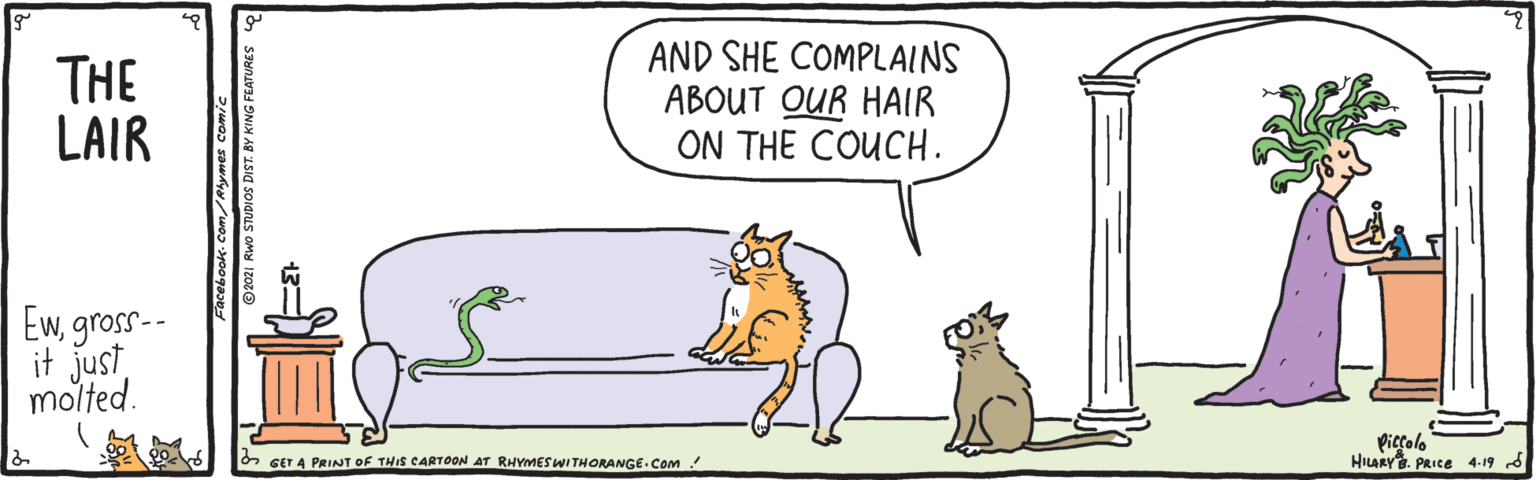 Adaptation OCR: THE LAIR AND SHE COMPLAINS ABOUT OUR HAIR ON THE COUCH. Ewgross-- it just molted. Piccolo HILARY. PRIce 4-19 d O GET A PRINT OF THIS CARTOON AT RHYMESWI THORANGE. COm ! Facebook. com/Akymes comic ©2021 Rwo STUDIOS DIST. BY KING FEATURES 13- THE LAIR AND SHE COMPLAINS ABOUT OUR HAIR ON THE COUCH. Ewgross-- it just molted. Piccolo HILARY. PRIce 4-19 d O GET A PRINT OF THIS CARTOON AT RHYMESWI THORANGE. COm ! Facebook. com/Akymes comic ©2021 Rwo STUDIOS DIST. BY KING FEATURES 13-