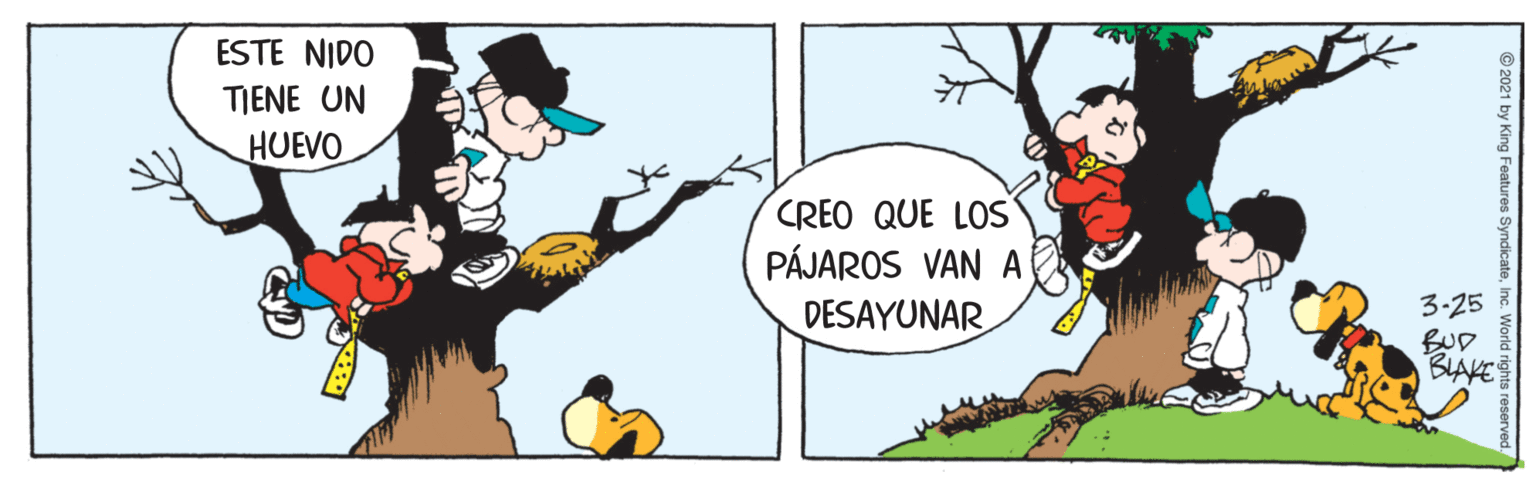 Line OCR: ESTE NIDO TIENE UN HUEVO CREO QUE LOS PÁJAROS VAN A DESAYUNAR 3-25 BUD BLAKE ESTE NIDO TIENE UN HUEVO CREO QUE LOS PÁJAROS VAN A DESAYUNAR 3-25 BUD BLAKE