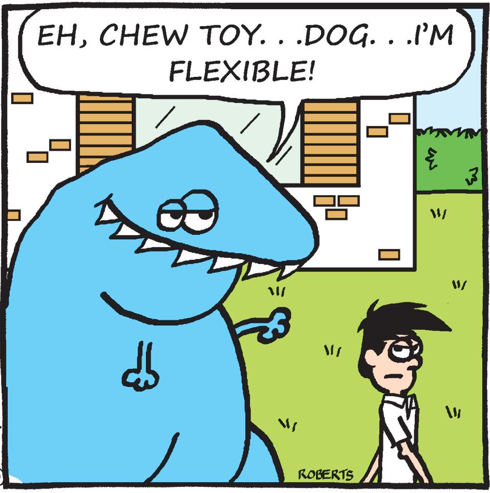 Rectangle OCR: EHCHEW TOY. . .DOG. . I'M FLEXIBLE! ROBERTS EHCHEW TOY. . .DOG. . I'M FLEXIBLE! ROBERTS