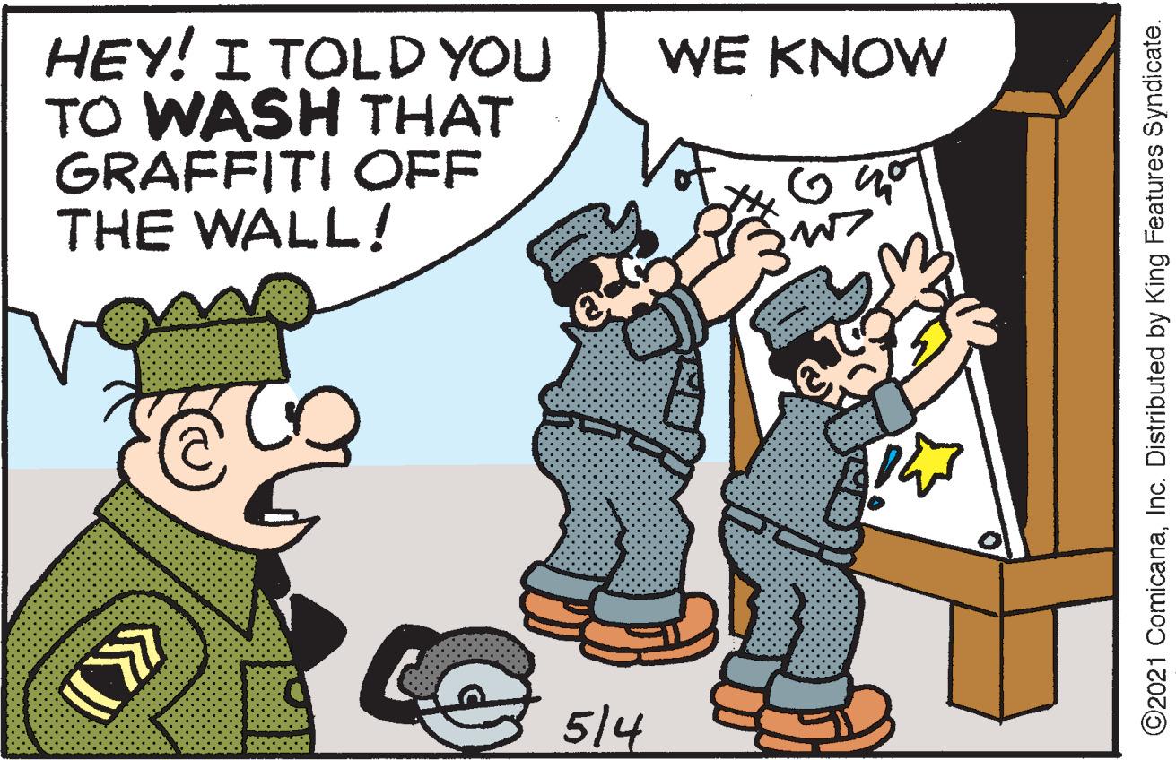 People OCR: HEY! I TOLD YOU TO WASH THAT GRAFFITI OFF THE WALL! WE KNOW 514 «) O2021 ComicanaInc. Distributed by King Features Syndicate. HEY! I TOLD YOU TO WASH THAT GRAFFITI OFF THE WALL! WE KNOW 514 «) O2021 ComicanaInc. Distributed by King Features Syndicate.