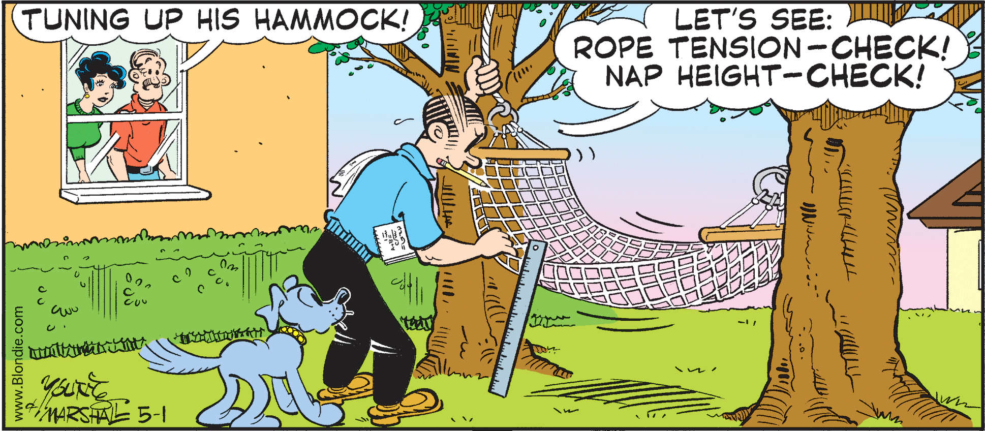 Illustration OCR: (TUNING UP HIS HAMMOCK! LET'S SEE: ROPE TENSION-CHECK! NAP HEIGHT-CHECK! MARSFAL 5-1 ? (TUNING UP HIS HAMMOCK! LET'S SEE: ROPE TENSION-CHECK! NAP HEIGHT-CHECK! MARSFAL 5-1 ?