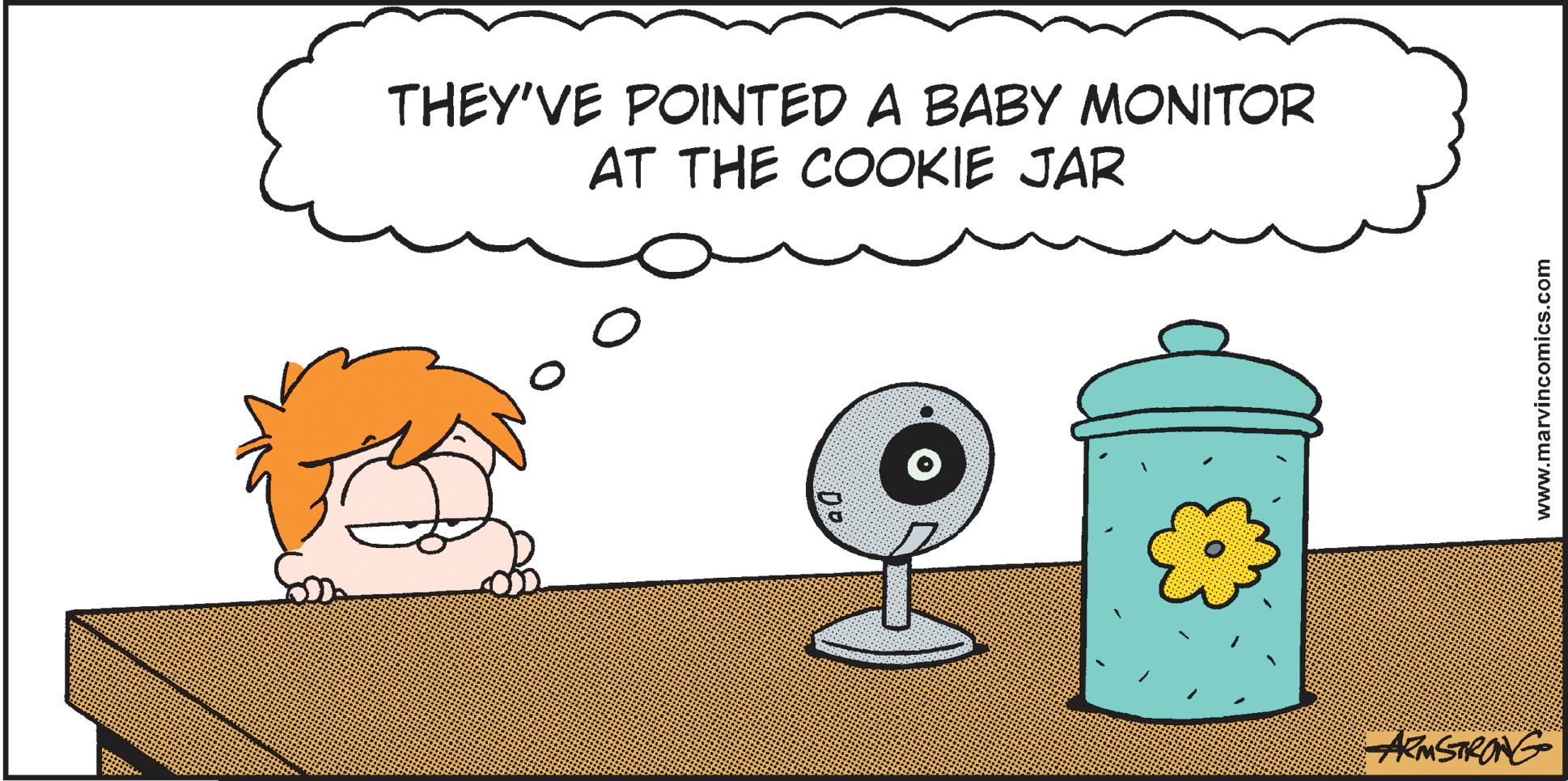Illustration OCR: THEY'VE POINTED A BABY MONITOR AT THE COOKIE JAR AMSTRANG www.marvincomics.com THEY'VE POINTED A BABY MONITOR AT THE COOKIE JAR AMSTRANG www.marvincomics.com