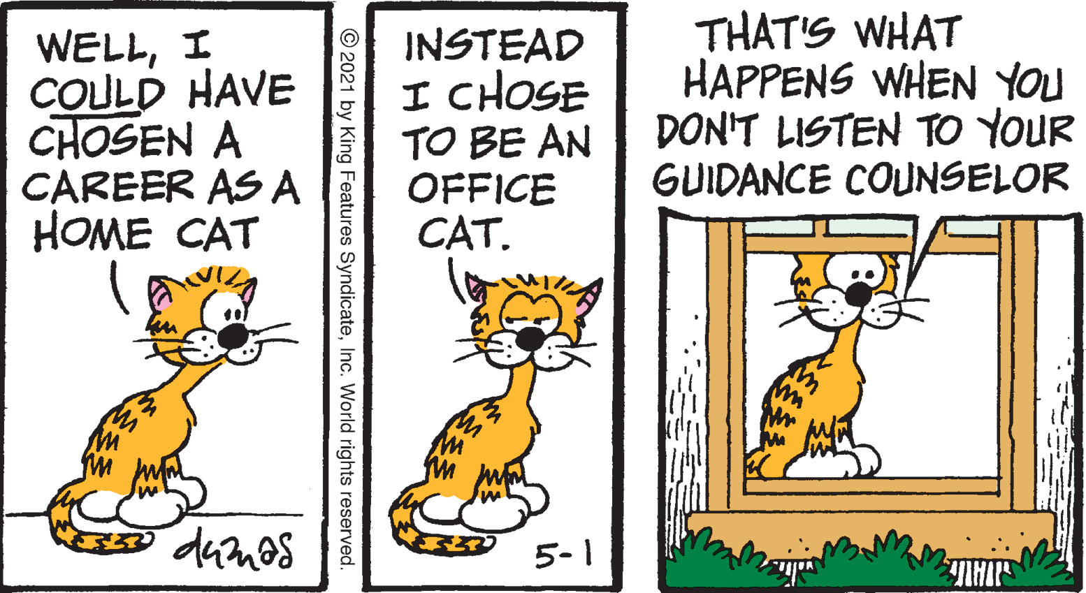 Line OCR: WELLI COULD HAVE CHOSEN A CAREER AS A HOME CAT INSTEAD I CHOSE TO BE AN OFFICE CAT. THAT'S WHAT HAPPENS WHEN YOU DON'T LISTEN TO YOUR GUIDANCE COUNSELOR duanos 5-1 TH O2021 by King Features SyndicateInc. World rights reserved. WELLI COULD HAVE CHOSEN A CAREER AS A HOME CAT INSTEAD I CHOSE TO BE AN OFFICE CAT. THAT'S WHAT HAPPENS WHEN YOU DON'T LISTEN TO YOUR GUIDANCE COUNSELOR duanos 5-1 TH O2021 by King Features SyndicateInc. World rights reserved.
