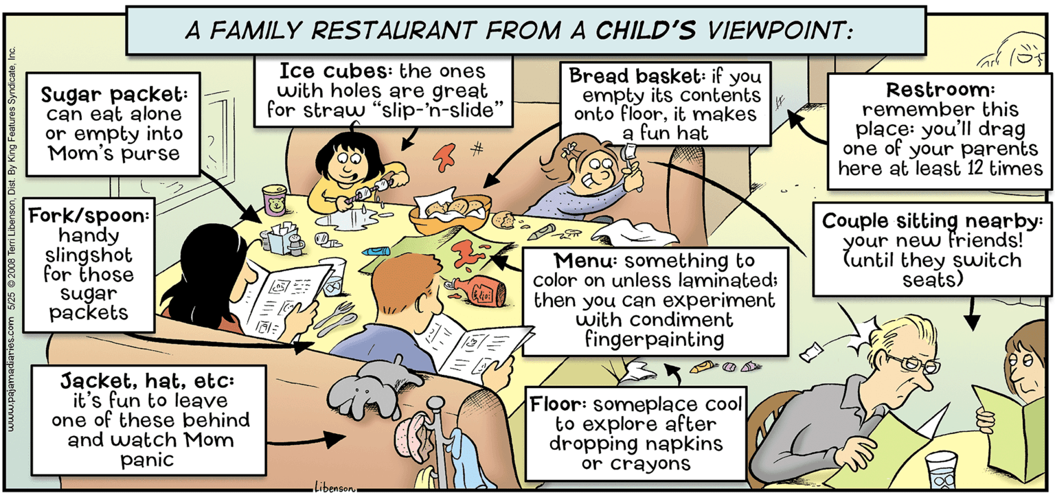 Comic book OCR: A FAMILY RESTAURANT FROM A CHILD'S VIEWPOINT: Sugar packet: can eat alone or empty into Mom's purse Ice cubes: the ones with holes are great for straw "slip-'n-slide' Bread basket: if you empty its contents onto floorit makes a fun hat Restroom: remember this place: you'll drag one of your parents here at least 12 times Fork/spoon: handy slingshot Couple sitting nearby: your new friends! Tuntil they suitch seats) Menu: something to color on unless laminated: then you can experiment with condiment fingerpainting for those sugar packets Jacketetc: it's fun to leave one of these behind and watch Mom panic Floor: someplace cool to explore after dropping napkins or crayons Libencon. ww.pajamadiaries.com 5/25 2008 Terri LibensonDist. By King Features Syndicate Ir A FAMILY RESTAURANT FROM A CHILD'S VIEWPOINT: Sugar packet: can eat alone or empty into Mom's purse Ice cubes: the ones with holes are great for straw "slip-'n-slide' Bread basket: if you empty its contents onto floorit makes a fun hat Restroom: remember this place: you'll drag one of your parents here at least 12 times Fork/spoon: handy slingshot Couple sitting nearby: your new friends! Tuntil they suitch seats) Menu: something to color on unless laminated: then you can experiment with condiment fingerpainting for those sugar packets Jacketetc: it's fun to leave one of these behind and watch Mom panic Floor: someplace cool to explore after dropping napkins or crayons Libencon. ww.pajamadiaries.com 5/25 2008 Terri LibensonDist. By King Features Syndicate Ir