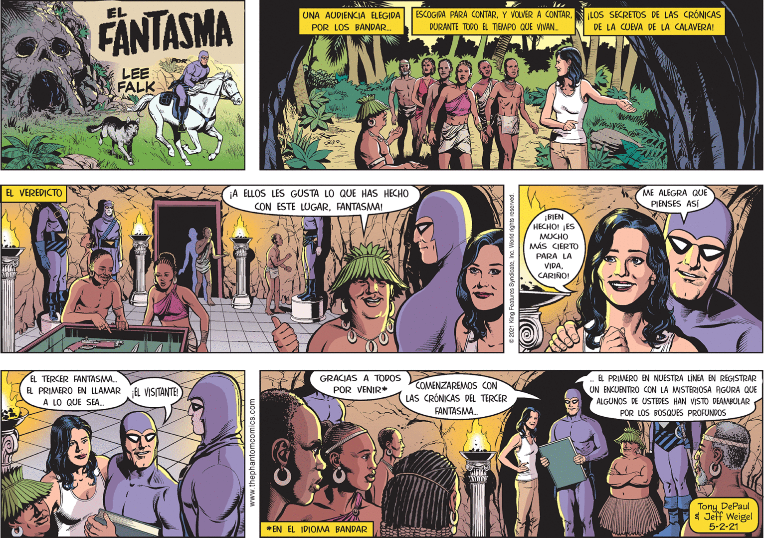 Sharing OCR: ...A. UNA AUDIENCIA ELEGIDA POR LOS BANDAR. FÄNTASMA EL ESCOGIDA PARA CONTARDURANTE TODO EL TIEMPO QUE VIVAN ¡LOS SECRETOS DE LAS CRÓNICAS DE LA CUEVA DE LA CALAVERA! LEE FALK A ELLOS LES GUSTA LO QUE HAS HECHO CON ESTE LUGARFANTASMA! ME ALEGRA QUE PIENSES ASI EL VEREDICTO BIEN HECHO! ES MUCHO MÁS CIERTO PARA LA VIDACARINOI EL TERCER FANTASMA. EL PRIMERO EN LLAMAR EL VISTANTE A LO QUE SEA. EL PRIMERO EN NUESTRA LÍNEA EN REGISTRAR UN ENCUENTRO CON LA MISTERIOSA AGURA QUE ALGUNOS DE USTEDES HAN VISTO DEAMBULAR POR LOS BOSQUES PROFUNDOS GRACIAS A TODOS COMENZAREMOS CON POR VENIR* LAS CRÓNICAS DEL TERCER FANTASMA. Tony DePaul $ Jeff Weigel 5-2-21 *EN EL IDIOMWA BANDAR www.thephantomcomics.com ...A. UNA AUDIENCIA ELEGIDA POR LOS BANDAR. FÄNTASMA EL ESCOGIDA PARA CONTARY VOLVER A CONTARDURANTE TODO EL TIEMPO QUE VIVAN ¡LOS SECRETOS DE LAS CRÓNICAS DE LA CUEVA DE LA CALAVERA! LEE FALK A ELLOS LES GUSTA LO QUE HAS HECHO CON ESTE LUGARFANTASMA! ME ALEGRA QUE PIENSES ASI EL VEREDICTO BIEN HECHO! ES MUCHO MÁS CIERTO PARA LA VIDACARINOI EL TERCER FANTASMA. EL PRIMERO EN LLAMAR EL VISTANTE A LO QUE SEA. EL PRIMERO EN NUESTRA LÍNEA EN REGISTRAR UN ENCUENTRO CON LA MISTERIOSA AGURA QUE ALGUNOS DE USTEDES HAN VISTO DEAMBULAR POR LOS BOSQUES PROFUNDOS GRACIAS A TODOS COMENZAREMOS CON POR VENIR* LAS CRÓNICAS DEL TERCER FANTASMA. Tony DePaul $ Jeff Weigel 5-2-21 *EN EL IDIOMWA BANDAR www.thephantomcomics.com