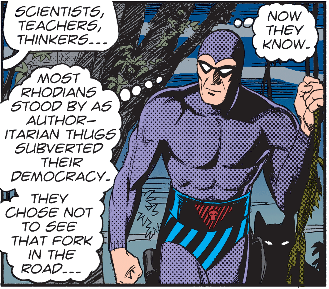 Line OCR: SCIENTISTSTHINKERS... NOW THEY KNOW. MOST RHODIANS STOOD BY AS AUTHOR- ITARIAN THUGS SUBVERTED THEIR DEMOCRACY. THEY CHOSE NOT TO SEE THAT FORK IN THE ROAD..- SCIENTISTSTHINKERS... NOW THEY KNOW. MOST RHODIANS STOOD BY AS AUTHOR- ITARIAN THUGS SUBVERTED THEIR DEMOCRACY. THEY CHOSE NOT TO SEE THAT FORK IN THE ROAD..-