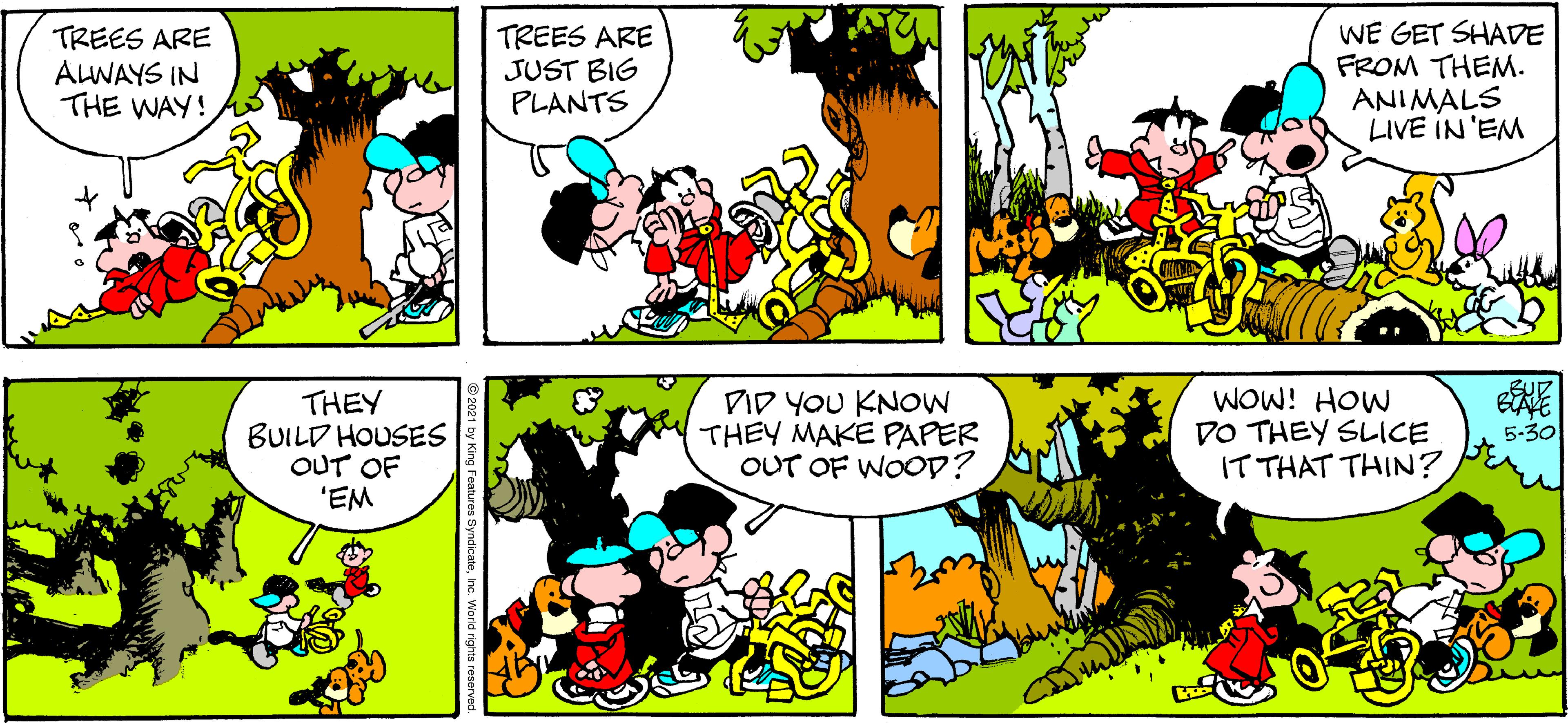 Line OCR: TREES ARE ALWAYS IN THE WAY! TREES ARE JUST BIG PLANTS WE GET SHADE FROM THEM. ANIMALS LIVE IN 'EM THEY BUILD HOUSES OUT OF 'EM DID YOU KNOW THEY MAKE PAPER OUT OF WOOD? WOW! HOW DO THEY SLICE IT THAT THIN? 5-30 TREES ARE ALWAYS IN THE WAY! TREES ARE JUST BIG PLANTS WE GET SHADE FROM THEM. ANIMALS LIVE IN 'EM THEY BUILD HOUSES OUT OF 'EM DID YOU KNOW THEY MAKE PAPER OUT OF WOOD? WOW! HOW DO THEY SLICE IT THAT THIN? 5-30