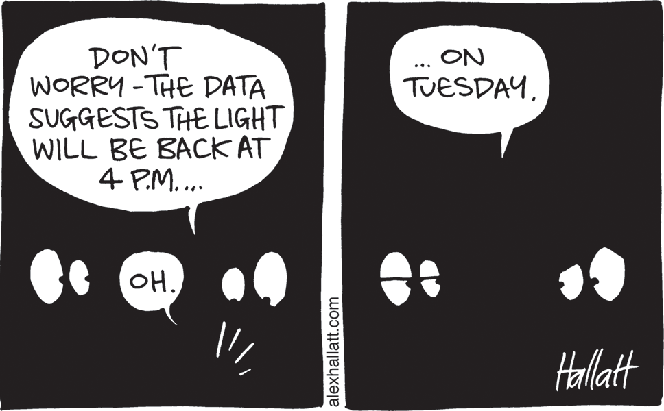 Monochrome OCR: DON'T WORRY -THE DATA SUGGESTS THE LIGHT WILL BE BACK AT 4 P.M.... ON ... TUESDAYOH. Hallat alexhallatt.com DON'T WORRY -THE DATA SUGGESTS THE LIGHT WILL BE BACK AT 4 P.M.... ON ... TUESDAYOH. Hallat alexhallatt.com