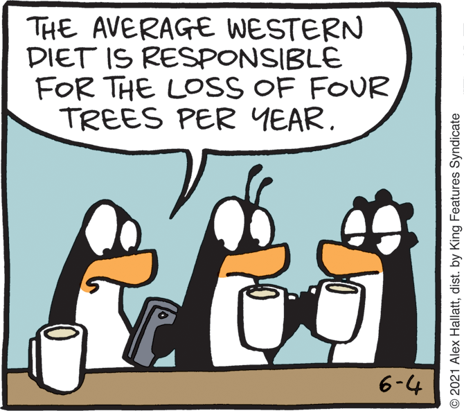 Humour OCR: THE AVERAGE WESTERN DIET IS RESPONSIBLE FOR THE LOSS OF FOUR TREES PER YEAR. 6-4 © 2021 Alex Hallattdist. by King Features Syndicate THE AVERAGE WESTERN DIET IS RESPONSIBLE FOR THE LOSS OF FOUR TREES PER YEAR. 6-4 © 2021 Alex Hallattdist. by King Features Syndicate