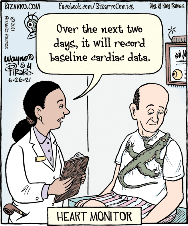 Jaw OCR: BIZARRO.COM Facebook.com/BizarroComies Dist. 9 King Featuras Over the next two daysit will record baseline cardiac data. Wayno® 6.26-21 HEART MONITOR © 2021 BIZARRO STUDIOS BIZARRO.COM Facebook.com/BizarroComies Dist. 9 King Featuras Over the next two daysit will record baseline cardiac data. Wayno® 6.26-21 HEART MONITOR © 2021 BIZARRO STUDIOS