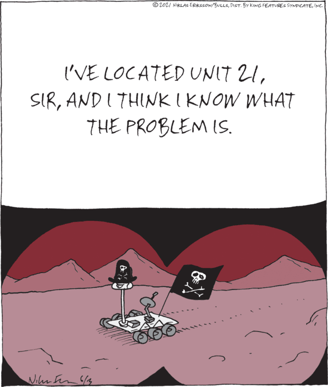 Event OCR: © 2021 NIKLAS ERIKSSON/BULLSINC. I'VE LOCATED UNIT 21AND I THINK I KNOW WHAT THE PROBLEM IS. Viln in S/4 © 2021 NIKLAS ERIKSSON/BULLSDIST. BY KING FEATURES SYNDICATEINC. I'VE LOCATED UNIT 21AND I THINK I KNOW WHAT THE PROBLEM IS. Viln in S/4