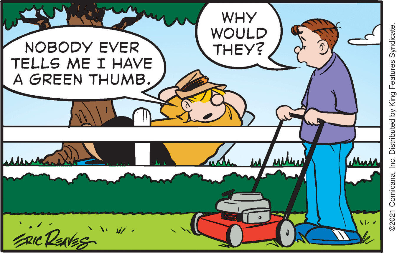 Riding mower OCR: WHY WOULD THEY? NOBODY EVER TELLS ME I HAVE A GREEN THUMB. ©2021 ComicanaInc. Distributed by King Features Syndicate. WHY WOULD THEY? NOBODY EVER TELLS ME I HAVE A GREEN THUMB. ©2021 ComicanaInc. Distributed by King Features Syndicate.