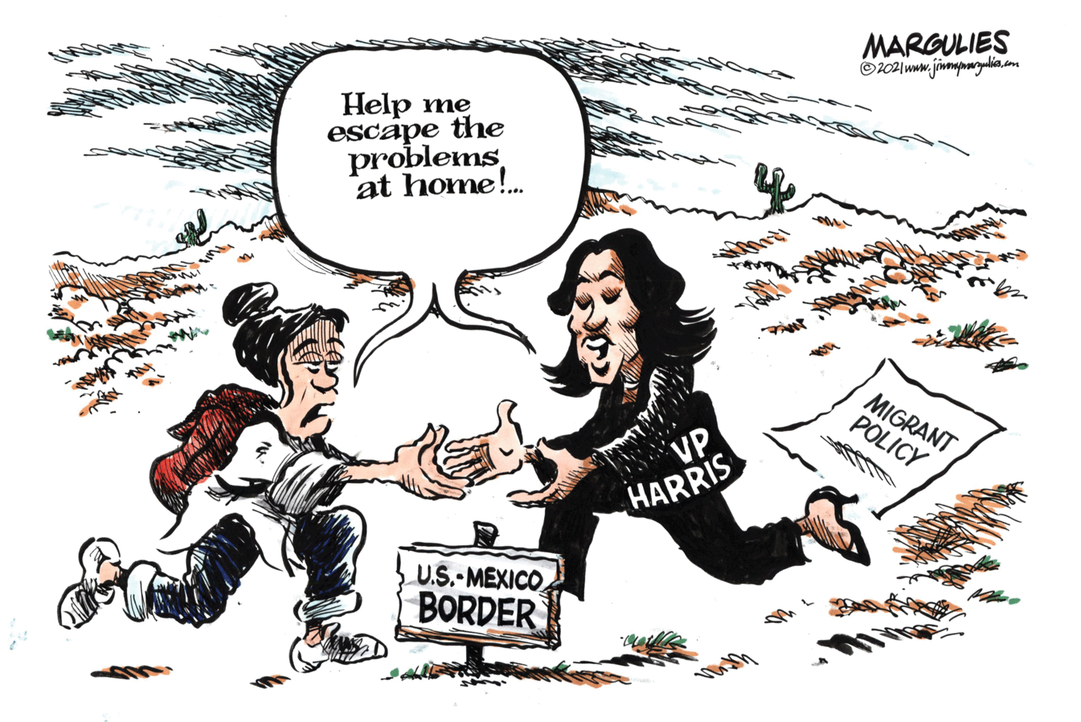 People OCR: MARGULIES Help escape the problems?? at home!. MIGRANT POLICY VP HARRIS U.S.-MEXICO BORDER MARGULIES Help escape the problems?? at home!. MIGRANT POLICY VP HARRIS U.S.-MEXICO BORDER