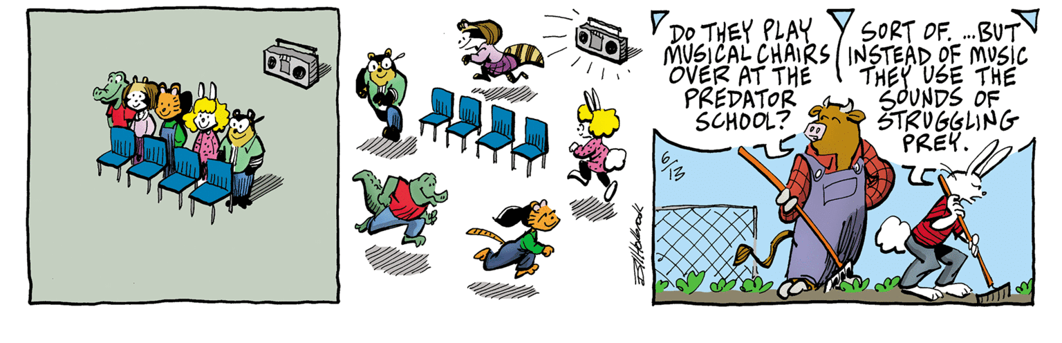 Handwriting OCR: V DO THEY PLAY SORT OF. .BUT MUSICAL CHAIRS INSTEAD OF MUSIC THEY USE THÉ SOUNDS OF STRUGGLING PREK. OVER AT THE PREDATOR SCHOOL? V DO THEY PLAY SORT OF. .BUT MUSICAL CHAIRS INSTEAD OF MUSIC THEY USE THÉ SOUNDS OF STRUGGLING PREK. OVER AT THE PREDATOR SCHOOL?