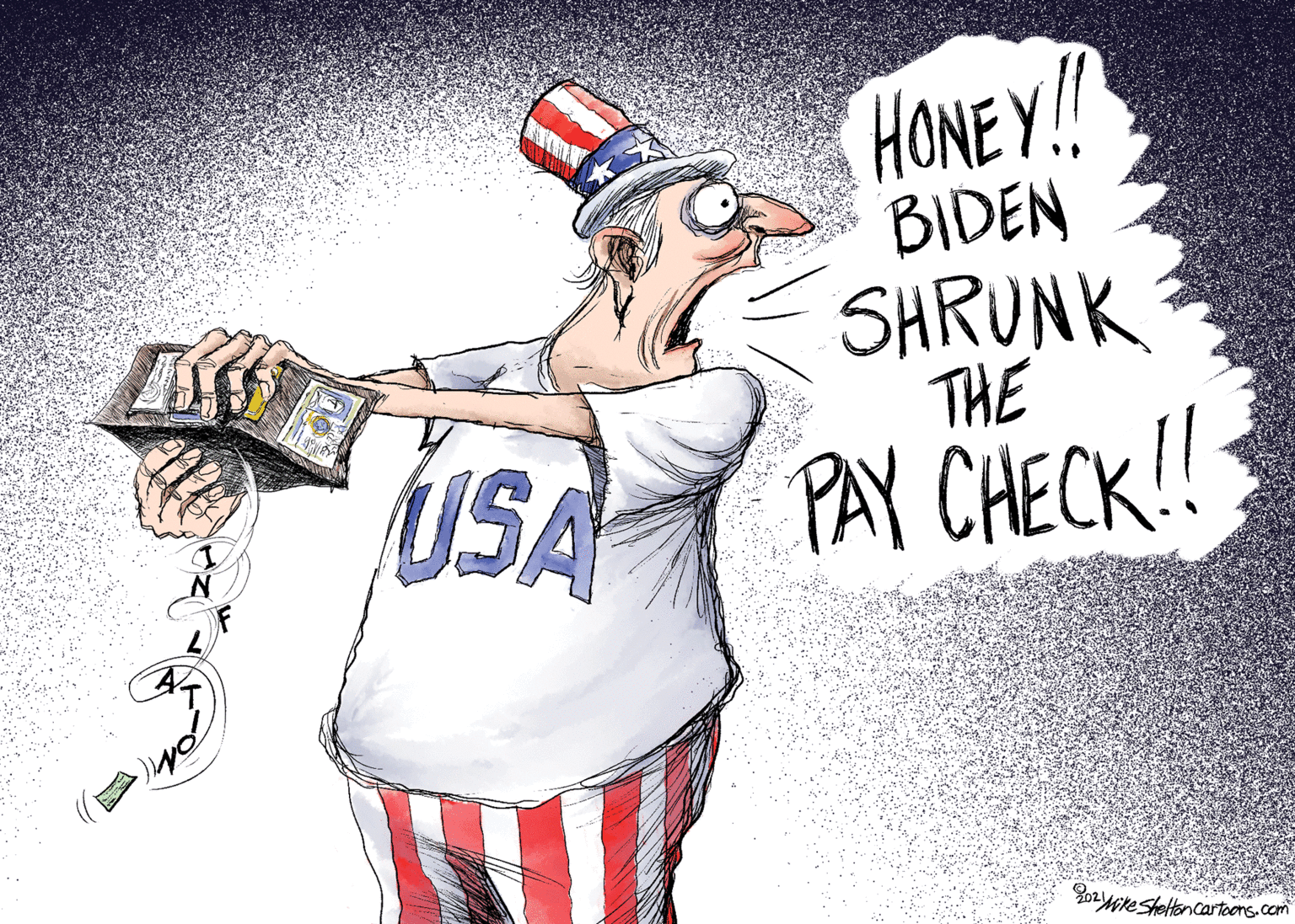 Poster OCR: HONEY! BIDEN SHRUNK THE USA PAY CHECK! PoryreSteltencartoers com HONEY! BIDEN SHRUNK THE USA PAY CHECK! PoryreSteltencartoers com