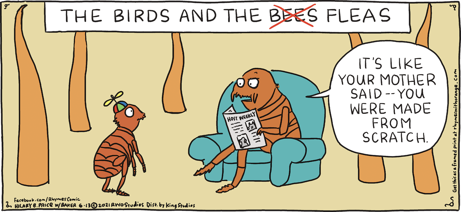 Illustration OCR: THE BIRDS AND THE BEES FLEAS IT'S LIKE YOUR MOTHER SAID--YOU WERE MADE FROM SCRATCH. FRES Rhymes with Orange WEEKLY HIL ARY B. PRICE I'm hearing volces Faceboek.com/Rleyes Comic 2. HILARY 6. PRICE WBAKER 6-13©20ZI RWOStudies Dist. by king Studies THE BIRDS AND THE BEES FLEAS IT'S LIKE YOUR MOTHER SAID--YOU WERE MADE FROM SCRATCH. FRES Rhymes with Orange WEEKLY HIL ARY B. PRICE I'm hearing volces Faceboek.com/Rleyes Comic 2. HILARY 6. PRICE WBAKER 6-13©20ZI RWOStudies Dist. by king Studies