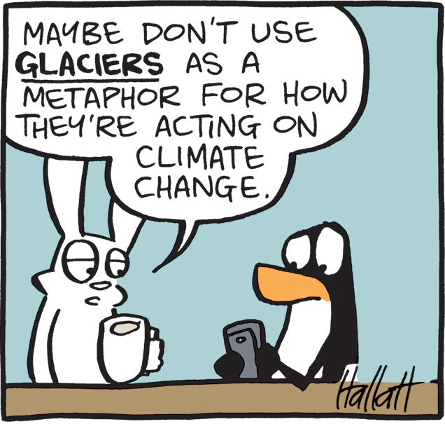 Handwriting OCR: MAYBE DON'T USE GLACIERS AS A METAPHOR FOR HOW THEY'RE ACTING ON CLIMATE CHANGEHalatt MAYBE DON'T USE GLACIERS AS A METAPHOR FOR HOW THEY'RE ACTING ON CLIMATE CHANGE