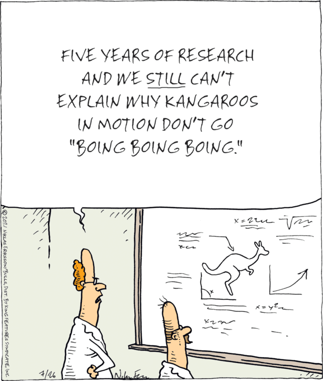 Art OCR: FIVE YEARS OF RESEARCH AND WE STILL CAN'T EXPLAIN WHY KANGAROOS IN MOTION DON'T GO "BOING BOING BOING." 4/16 202.1 NIKLAS ERIKSSON/BULLSINC. FIVE YEARS OF RESEARCH AND WE STILL CAN'T EXPLAIN WHY KANGAROOS IN MOTION DON'T GO "BOING BOING BOING." 4/16 202.1 NIKLAS ERIKSSON/BULLSDIST. BY KING FEATURES SYNDICATE