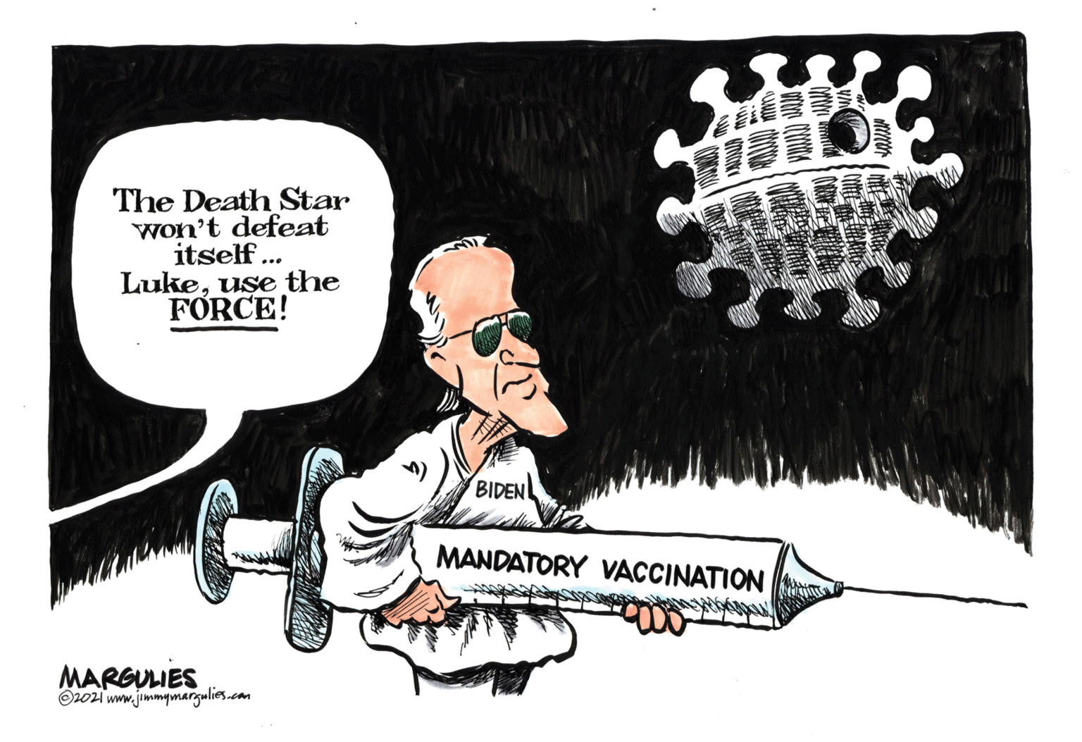 Graphic design OCR: The Death Star won't defeat itself ... Lukeuse the FORCE! BID MANDATORY VACCINATION MARGUIES O2ozi www.jimmymargulies.com The Death Star won't defeat itself ... Lukeuse the FORCE! BID MANDATORY VACCINATION MARGUIES O2ozi www.jimmymargulies.com
