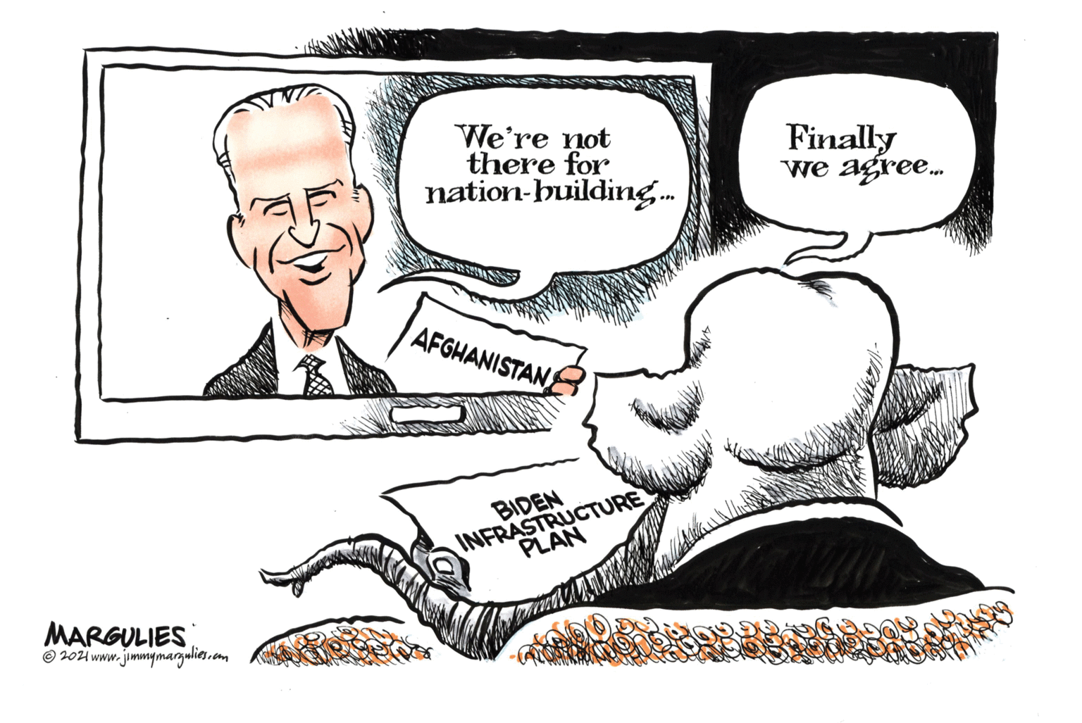 Mammal OCR: We're not there for nation-building.. Finally we agree. AFGHANISTAN INFRASTRUCTURE PLAN BIDEN MARGULIES © 20zi www.jmmymargulies.com We're not there for nation-building.. Finally we agree. AFGHANISTAN INFRASTRUCTURE PLAN BIDEN MARGULIES © 20zi www.jmmymargulies.com