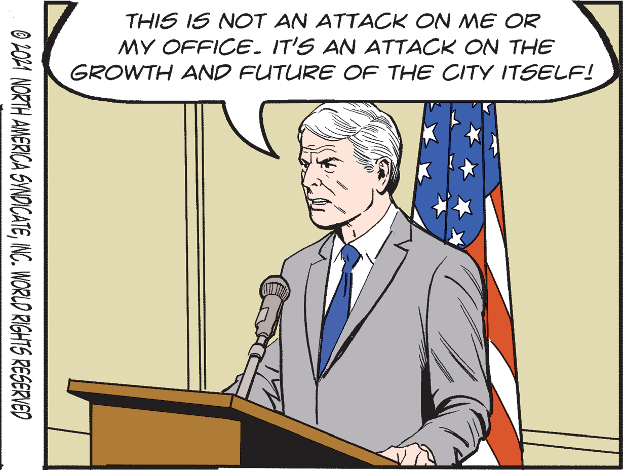 Lectern OCR: THIS IS NOT AN ATTACK ON ME OR MY OFFICE. IT'S AN ATTACK ON THE GROWTH AND FUTURE OF THE CITY ITSELF! O 2014 NORTH AMERICA SYNDICATEINC. WORLD RIGHTS RESERVED THIS IS NOT AN ATTACK ON ME OR MY OFFICE. IT'S AN ATTACK ON THE GROWTH AND FUTURE OF THE CITY ITSELF! O 2014 NORTH AMERICA SYNDICATEINC. WORLD RIGHTS RESERVED