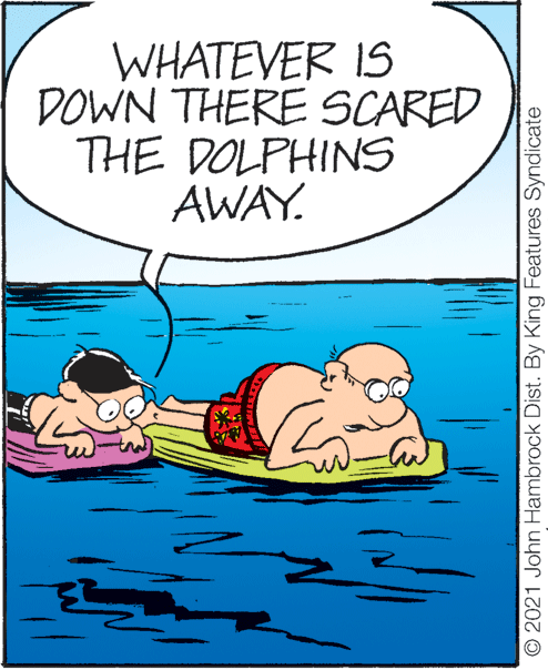 Comic book OCR: WHATEVER IS DOWN THERE SCARED THE DOLPHINS AWAY. © 2021 John Hambrock Dist. By King Features Syndicate WHATEVER IS DOWN THERE SCARED THE DOLPHINS AWAY. © 2021 John Hambrock Dist. By King Features Syndicate