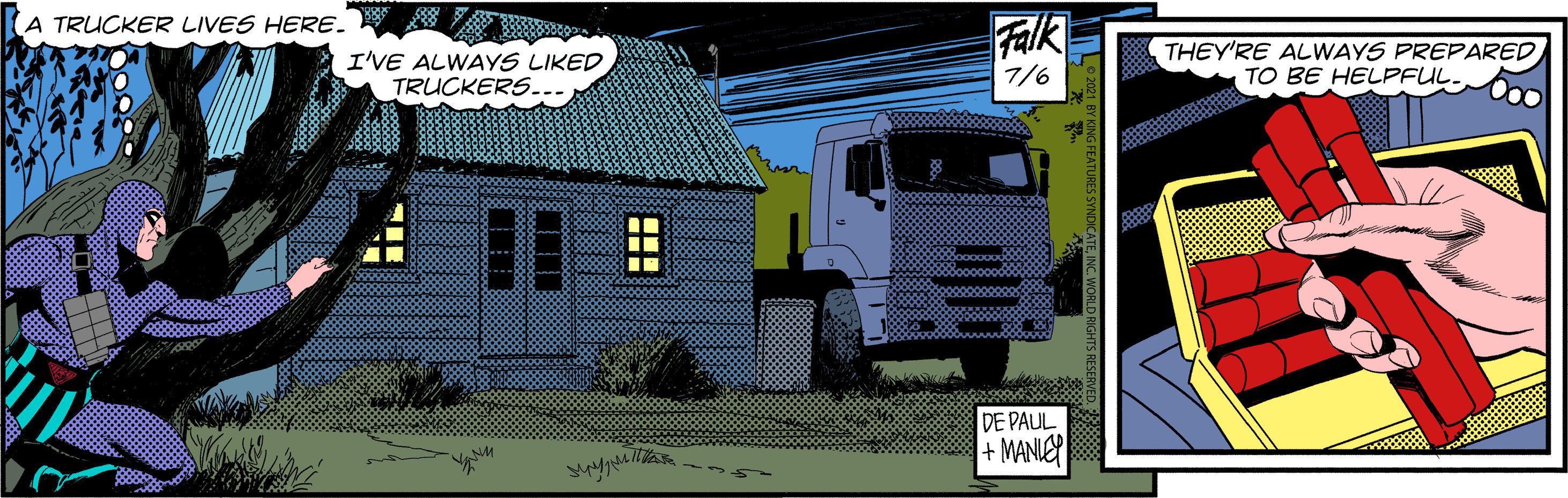 Mode of transport OCR: A TRUCKER LIVES HERE. I'VE ALWAYS LIKED TRUCKERS... Falk THEY'RE ALWAYS PREPARED TO BE HELPFUL. 7/6 ? DE PAUL + MANIER A TRUCKER LIVES HERE. I'VE ALWAYS LIKED TRUCKERS... Falk THEY'RE ALWAYS PREPARED TO BE HELPFUL. 7/6 ? DE PAUL + MANIER