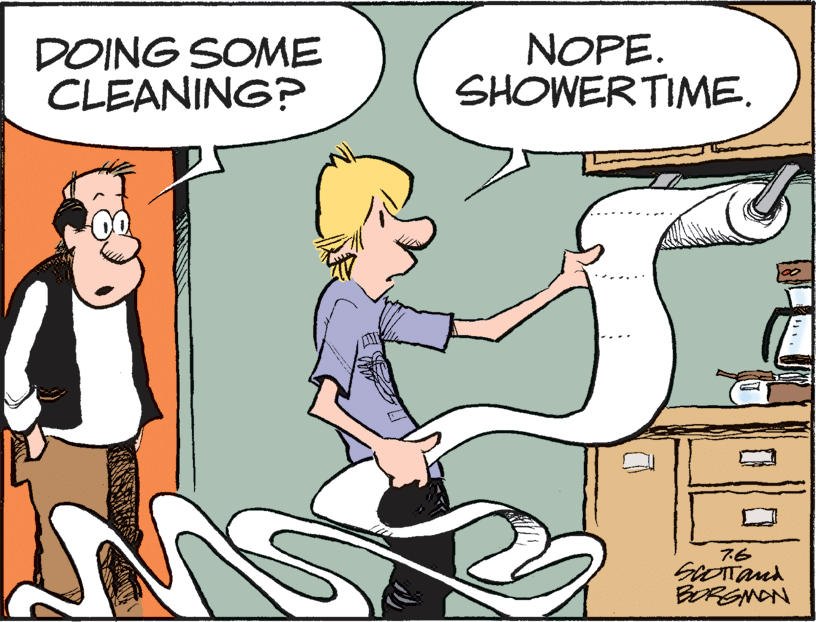 Illustration OCR: DOING SOME CLEANING? NOPE. SHOWERTIME. 76 BRGNON DOING SOME CLEANING? NOPE. SHOWERTIME. 76 BRGNON