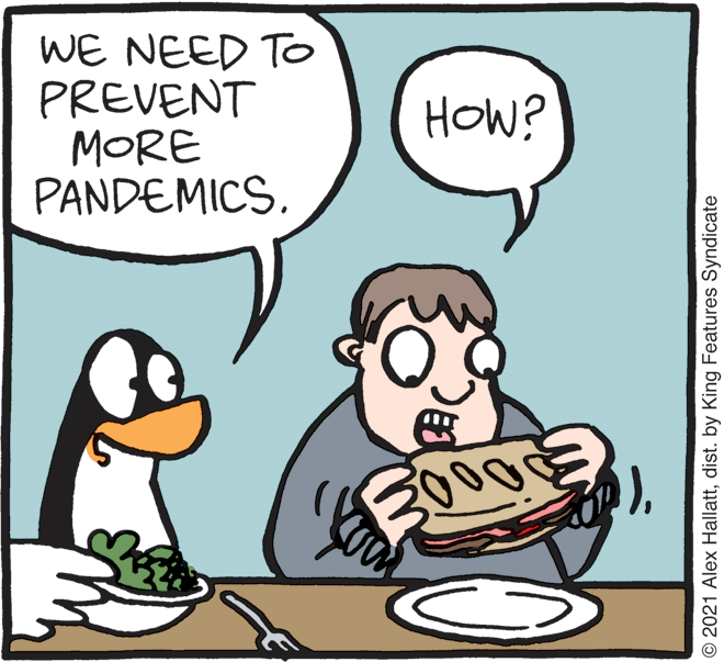 Line OCR: WE NEED TO PREVENT MORE PANDEMICS. HOW? 2000 For © 2021 Alex Hallattdist. by King Features Syndicate WE NEED TO PREVENT MORE PANDEMICS. HOW? 2000 For © 2021 Alex Hallattdist. by King Features Syndicate