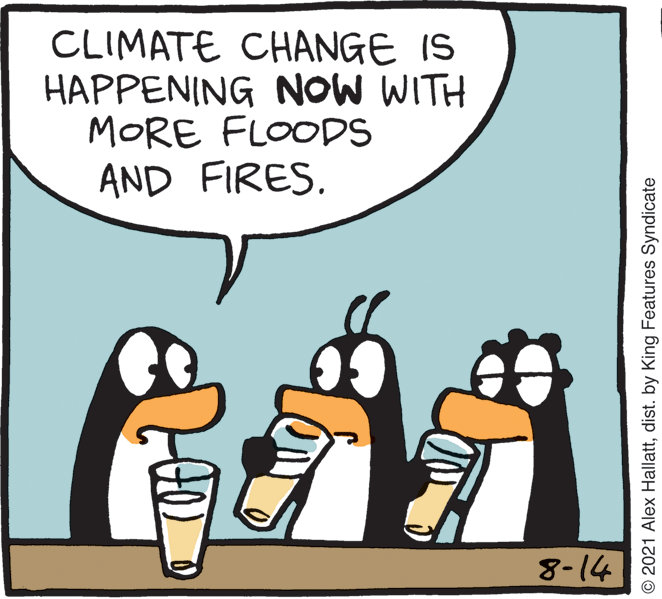 Rectangle OCR: CLIMATE CHANGE IS HAPPENING NOW WITH MORE FLOODS AND FIRES. 8-14 © 2021 Alex Hallattdist. by King Features Syndicate CLIMATE CHANGE IS HAPPENING NOW WITH MORE FLOODS AND FIRES. 8-14 © 2021 Alex Hallattdist. by King Features Syndicate