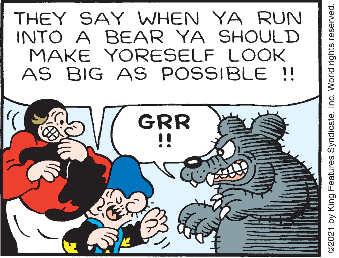 Dog OCR: THEY SAY WHEN YA RUN INTO A BEAR YA SHOULD MAKE YORESELF LOOK AS BIG AS POSSIBLE !! GRR !! ©2021 by King Features SyndicateInc. World rights reserved. THEY SAY WHEN YA RUN INTO A BEAR YA SHOULD MAKE YORESELF LOOK AS BIG AS POSSIBLE !! GRR !! ©2021 by King Features SyndicateInc. World rights reserved.