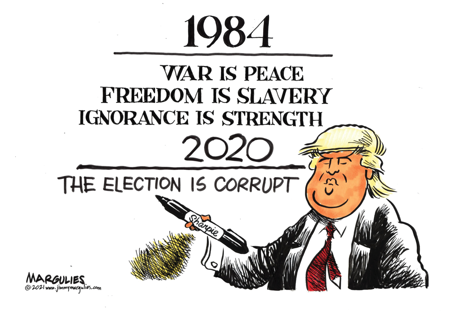 Line art OCR: 1984 WAR IS PEACE FREEDOM IS SLAVERY IGNORANCE IS STRENGTH 2020 THE ELECTION IS CORRUPT Sharpie MARGULIES © 2021 www.jimmymargulies.com 1984 WAR IS PEACE FREEDOM IS SLAVERY IGNORANCE IS STRENGTH 2020 THE ELECTION IS CORRUPT Sharpie MARGULIES © 2021 www.jimmymargulies.com